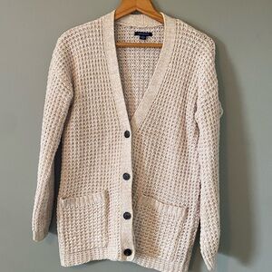 American Eagle Outfitters Cream Waffle Knit Button Cardigan
